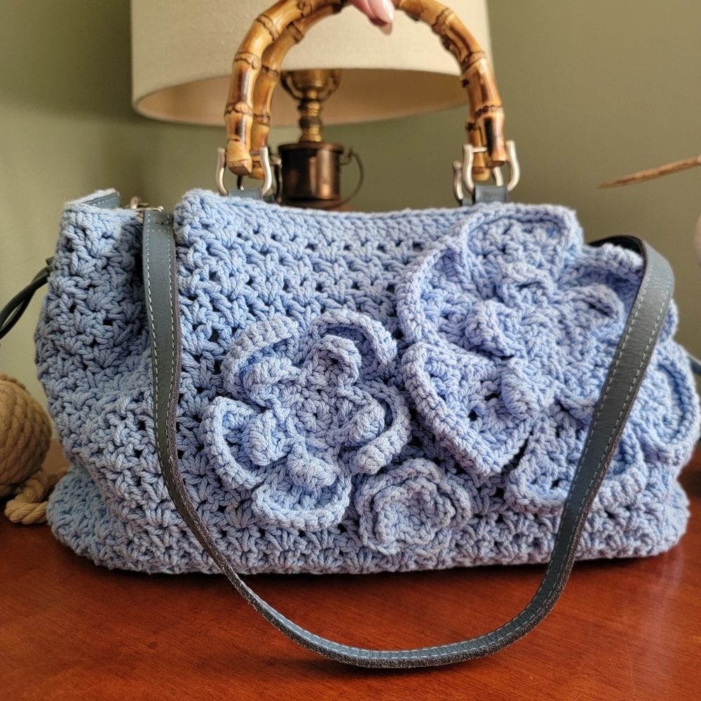 Patricia Nash Cantinella Crochet Flower Bamboo Handle Blue Tote Bag
